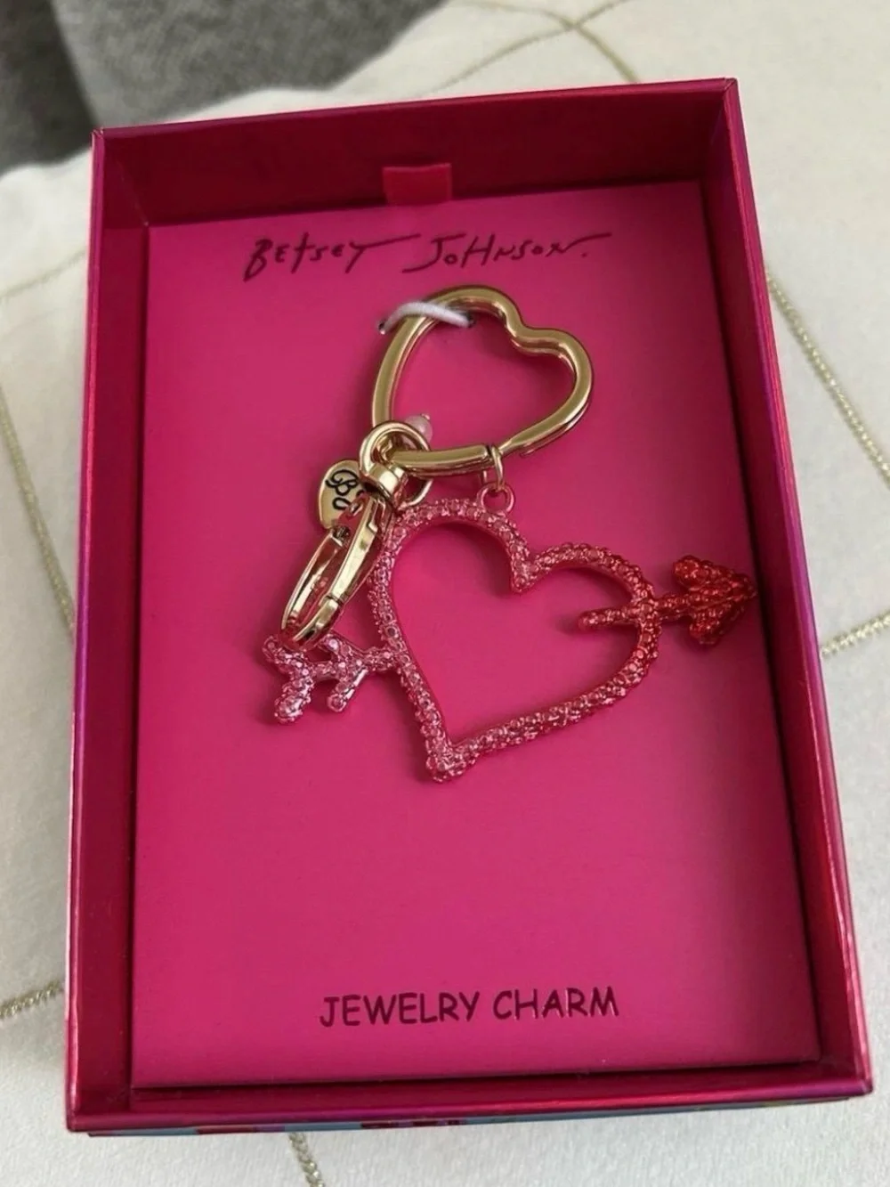 Betsey Johnson Gold Heart-Carabiner Key & Pink Glitter Arrow Charm
